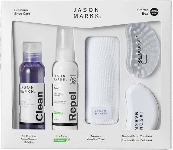 Jason Markk Starter Box, Shoe Cleaning Kit, 5-Piece Set, Deep Cleaning Solutions, Two Brushes, & Microfiber Towel, Sneaker Care, Ideal for Footwear, Safe on Leather, Suede, Nubuck, Cotton, Knits, 2oz