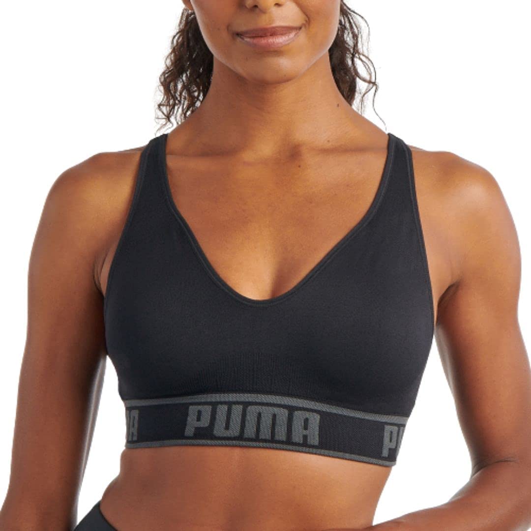 Puma Women's Ribbed Seamless Sports Bra In Pink Grey